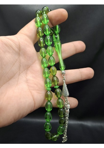 Özel Baş Harfli Gümüş Kaplama Püsküllü Yeşil Toz Kehribar Tesbih modelleri