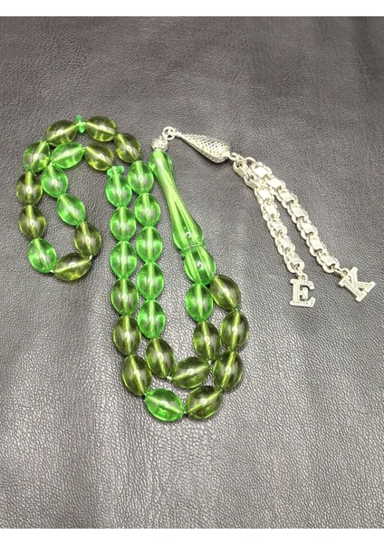 Özel Baş Harfli Gümüş Kaplama Püsküllü Yeşil Toz Kehribar Tesbih fırsatları