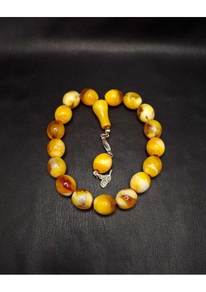 17'li Sarı Hareli Fıçı Kesim Maskot Toz Kehribar Tesbih