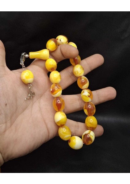 17'li Sarı Hareli Fıçı Kesim Maskot Toz Kehribar Tesbih fiyatları