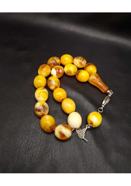 17'li Sarı Hareli Fıçı Kesim Maskot Toz Kehribar Tesbih modelleri