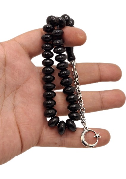 Gümüş Renk Kombinli Yassı Kesim Bilek Boy Oltu Taşı Tesbih