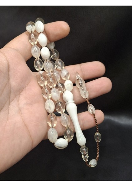 Kahverengi Ip Geçişli Şeffaf Beyaz Toz Kehribar Tesbih fiyatları