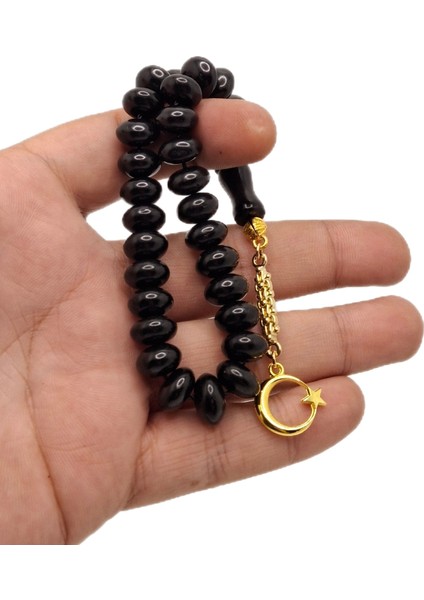 Altın Renk Kombinli Yassı Kesim Bilek Boy Oltu Taşı Tesbih