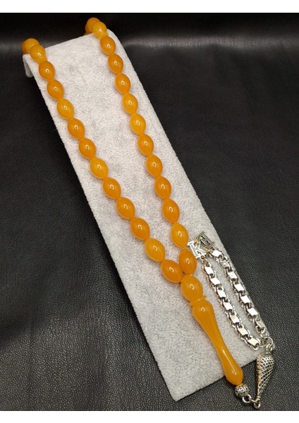 Özel Baş Harfli Gümüş Kaplama Püsküllü Turuncu Toz Kehribar Tesbih