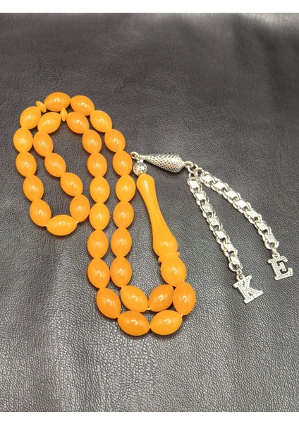 Özel Baş Harfli Gümüş Kaplama Püsküllü Turuncu Toz Kehribar Tesbih fırsatları