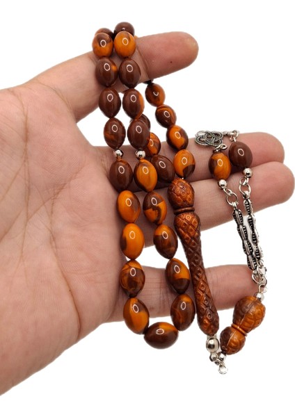 Beyzi Kesim Kiremit Renk Imame Işlemeli Toz Kehribar Tesbih fiyatları