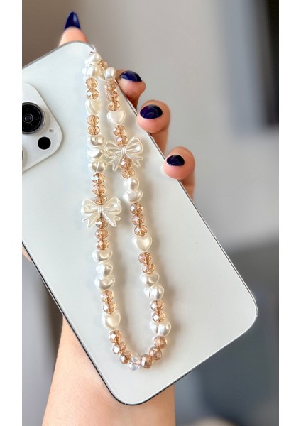 Cam Kristal ve Inci Boncuklu Telefon Charmı Telefon Ipi