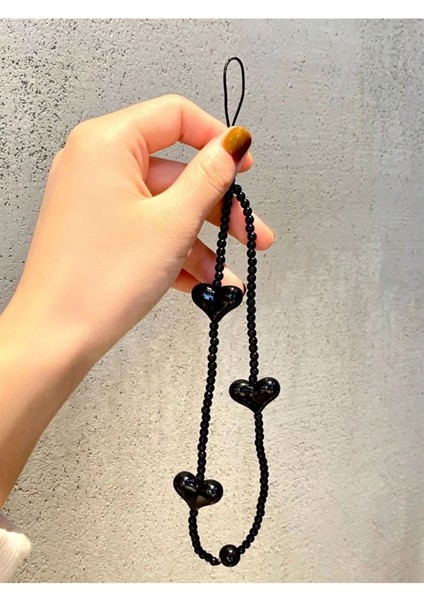 Telefon Charm Siyah Cam Boncuklu Büyük Kalpli Telefon Ipi fiyatları