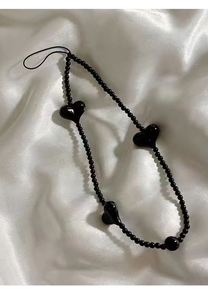 Telefon Charm Siyah Cam Boncuklu Büyük Kalpli Telefon Ipi modelleri