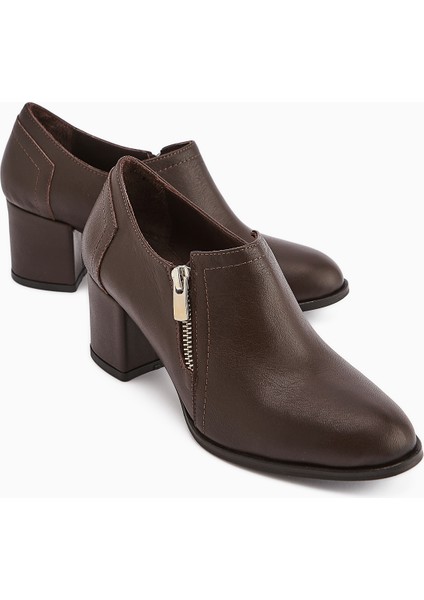 Leona Hakiki Deri Kahve Fermuar Detaylı Kadın Topuklu Ayakkabı modelleri