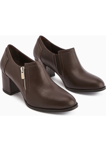 Leona Hakiki Deri Kahve Fermuar Detaylı Kadın Topuklu Ayakkabı fiyatları