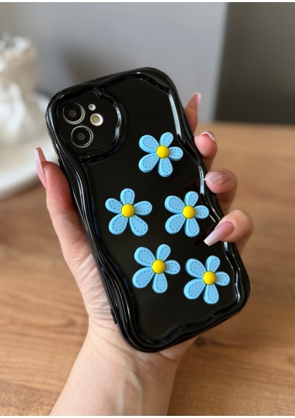 IPHONE 11 3D Papatya Dekorlu Siyah Parlak Kılıf modelleri