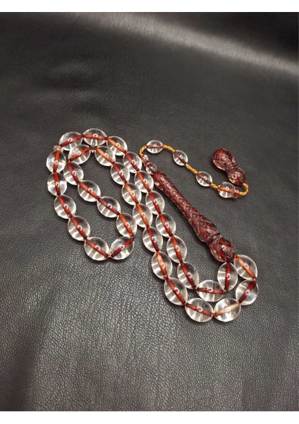 Kırmızı Delim Şeffaf Renk Imame Işlemeli Toz Kehribar Tesbih