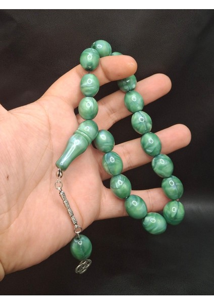 17'li Sedefli Yeşil Renk Maskot Model Toz Kehribar Tesbih fiyatları