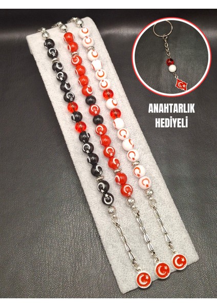 Özel Tasarım 3 Adet Ay Yıldızlı 15 Habbeli Zaza Tesbih Seti Anahtarlık Hediyeli