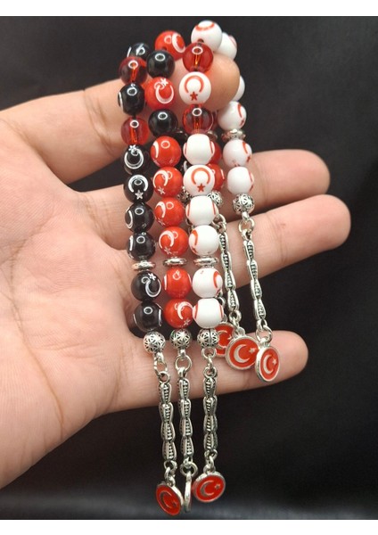 Özel Tasarım 3 Adet Ay Yıldızlı 15 Habbeli Zaza Tesbih Seti Anahtarlık Hediyeli modelleri