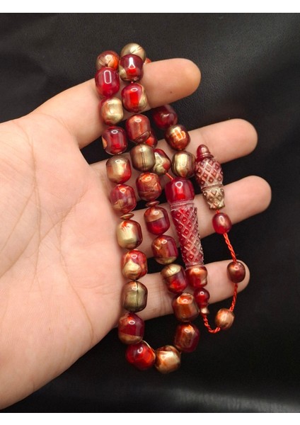 Kırmızı Altın Renk Desenli Imame Işlemeli Toz Kehribar Tesbih fiyatları