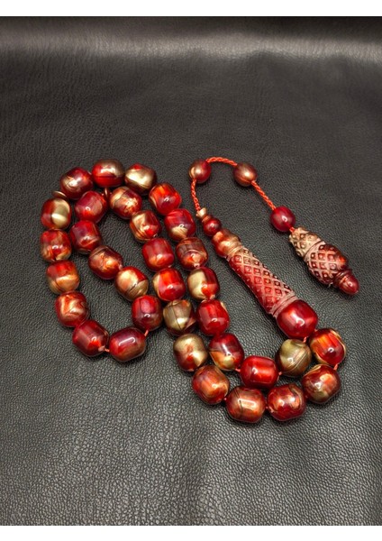 Kırmızı Altın Renk Desenli Imame Işlemeli Toz Kehribar Tesbih modelleri