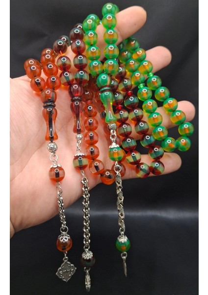 3'lü Rengarenk Özel Sürmeli Toz Kehribar Tesbih Seti modelleri