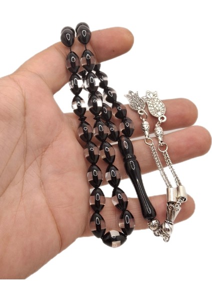 Siyah Şeffaf Arpa Kesim Sürmeli Toz Kehribar Tesbih