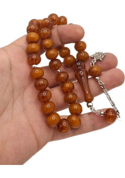 Yassı Model Turuncu Toz Kehribar Tesbih