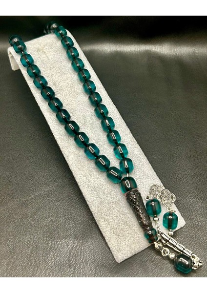 Petrol Yeşili Renk Imame Işlemeli Toz Kehribar Tesbih