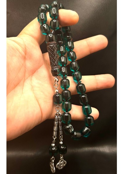 Petrol Yeşili Renk Imame Işlemeli Toz Kehribar Tesbih modelleri