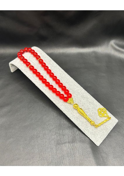 Altın Renk Kombinli Kırmızı Cam Tesbih