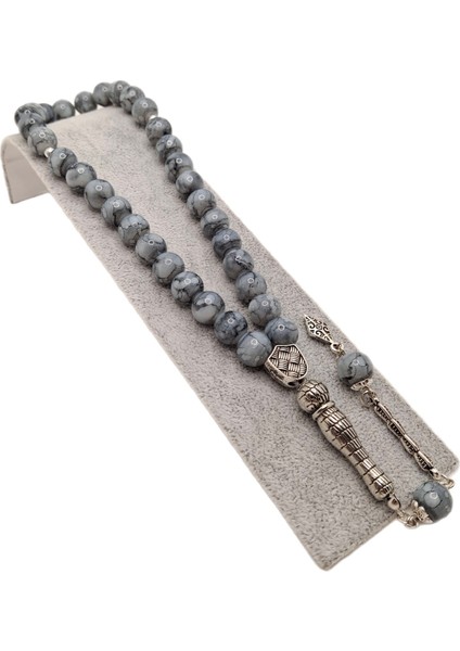 Küre Kesim Gri Mermer Desenli Cam Tesbih