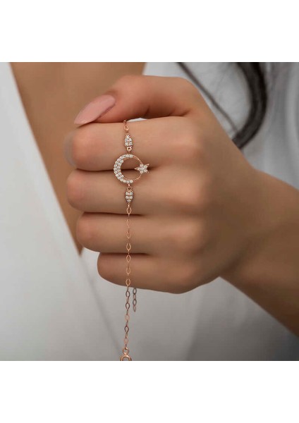 925 Ayar Gümüş Rose Ay Yıldız Kadın Bileklik T7255 (292292)