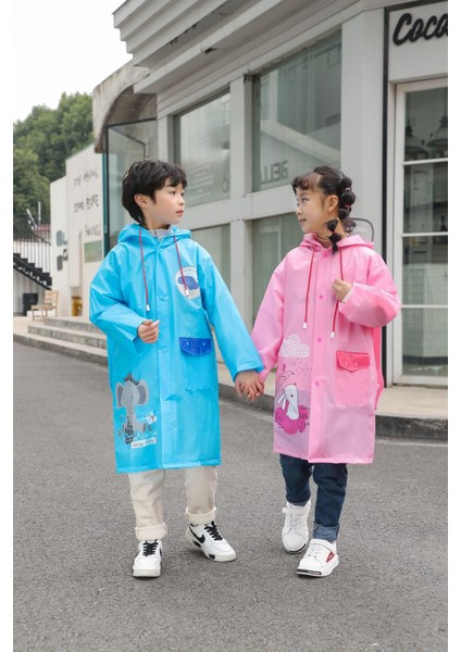 Çocuk Yağmurluk Sırt Çanta Korumalı Eva Kapüşonlu Desenli Cepsiz Çıtçıtlı Yağmurluk Kokusuz