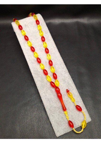 Sarı Kırmızı Renk Arpa Kesim Taraftar Model Toz Kehribar Tesbih