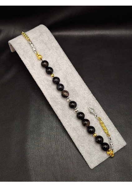 Altın-Gümüş Renk Kombinli Siyah Akik Zaza Tesbih