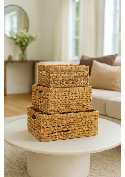 Dekoratif Dikdörtgen Örgü Hasır Sepet Sele 3lü CL-11033