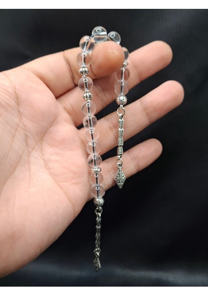 15'li Şeffaf Renk Siyah Ipli Zaza Cam Tesbih