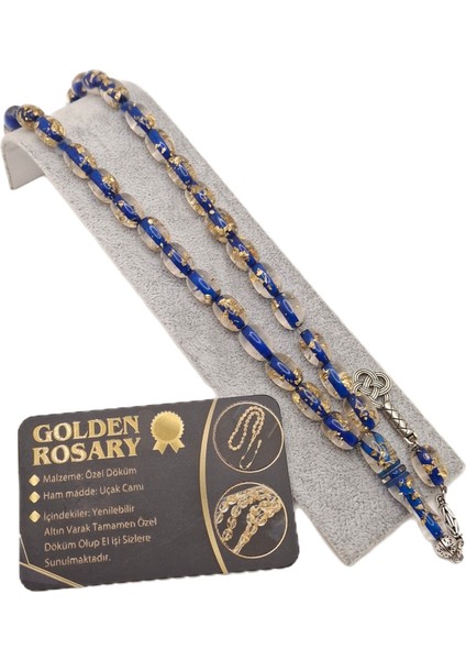 Mavi Renk Altın Varaklı Uçak Camı Tesbih