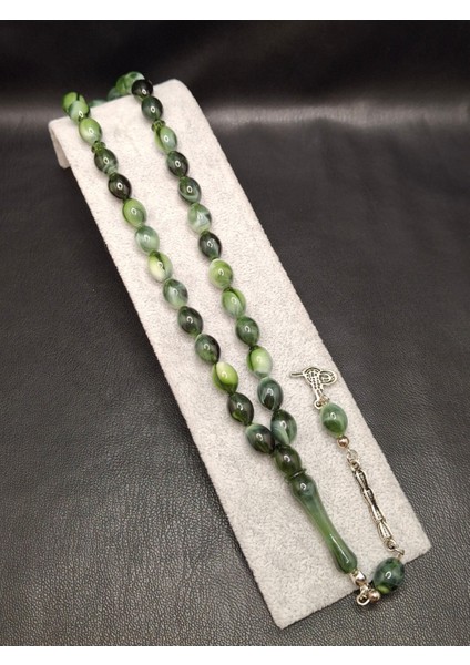 Özel Yeşil Renk Beyzi Kesim Toz Kehribar Tesbih