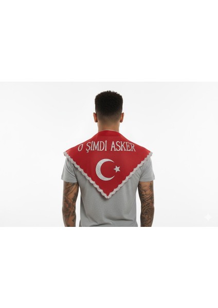 Erdemli Kına ''o Şimdi Asker'' Yazılı Pullu Kırmızı Kına Örtüsü ( Asker Örtüsü ) Eldiven Hediye