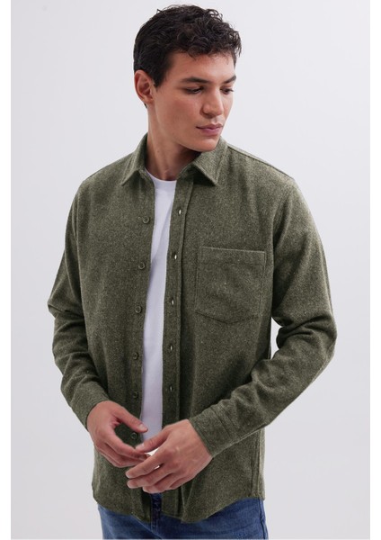 Erkek Regular Fit Klasik Kesim Düz Cepli Koyu Haki Oduncu Gömlek fiyatları