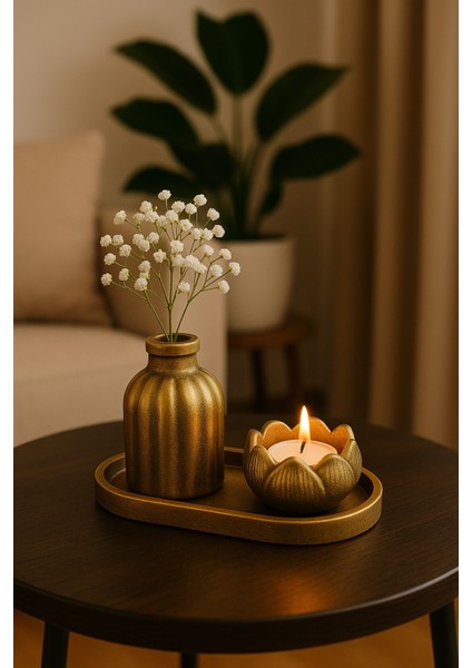 Lotus Mumluklu 3’lü Vazo Seti – Taş Tozu Dekoratif Tray Üzeri Mini Vazo ve Mumluk – Altın Renk Ev Dekor modelleri