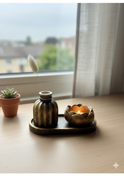 Lotus Mumluklu 3’lü Vazo Seti – Taş Tozu Dekoratif Tray Üzeri Mini Vazo ve Mumluk – Altın Renk Ev Dekor fiyatları