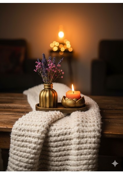 Lotus Mumluklu 3’lü Vazo Seti – Taş Tozu Dekoratif Tray Üzeri Mini Vazo ve Mumluk – Altın Renk Ev Dekor