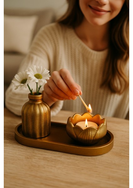 Lotus Mumluklu 3’lü Vazo Seti – Taş Tozu Dekoratif Tray Üzeri Mini Vazo ve Mumluk – Altın Renk Ev Dekor indirimleri