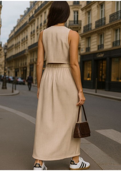 -Yelek ve Etek Takımı 2 Parça Günlük Bej Renk