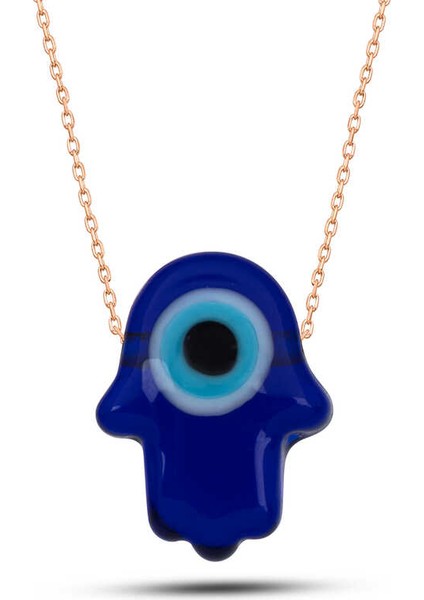 925 Ayar Gümüş Rose Mavi Nazarlı Cam Fatma Ana Eli Kadın Kolye T7714 (292292)