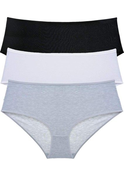 3 Adet Kadın Yüksek Bel Bato Külot Siyah Beyaz Gri