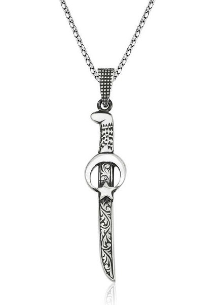 925 Ayar Gümüş Ay Yıldız Kılıç Erkek Gümüş Kolye T5066 (292292)