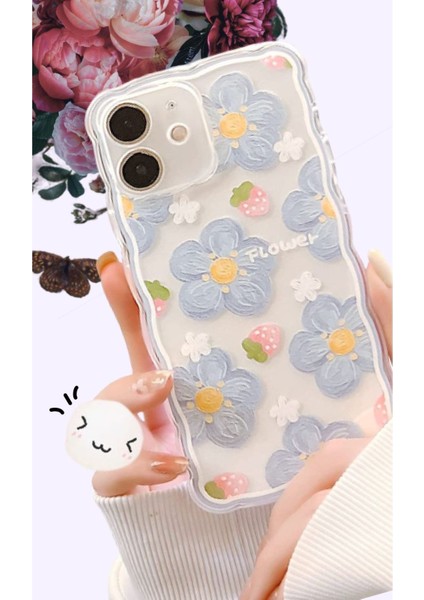 IPHONE 12 Şeffaf Dalgalı Kenarlı Mavi Çiçekli Kılıf