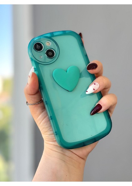IPHONE 13 3D Kalp Dekorlu Yeşil Şeffaf Kılıf